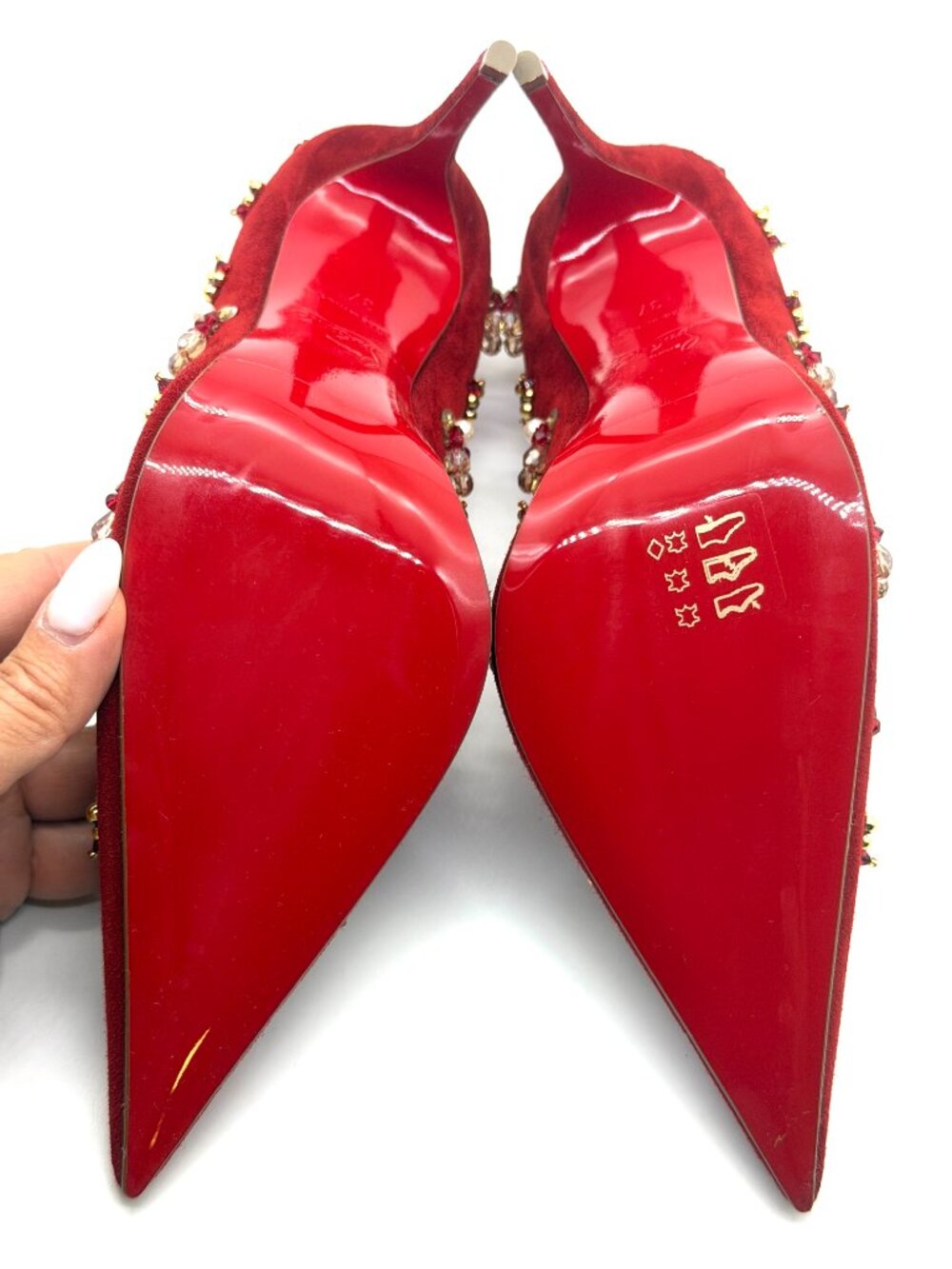 Christian Louboutin MIX KATE 100 Embellished Beaded Suede Heels Pumps - Picture 13 of 15